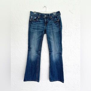 Miss Me JP6220B Dark Wash Boot Cut Blue Jeans with Studded Fleur de lis, Size 30